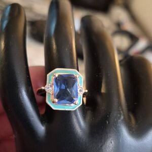 Rose Gold Art Deco Blue Sapphire Emerald Cut Enamel Statement Sz 7